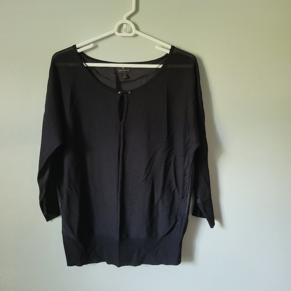 Worthington Black Blouse Women's Medium Chiffon Shirt 3/4 Sleeve Keyhole Front